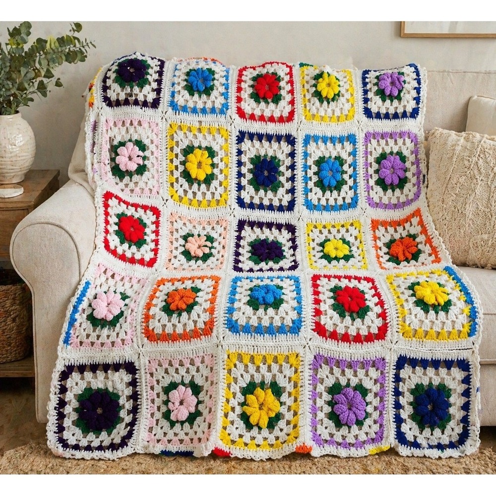 Handmade Afghan Blanket Multi-Color Floral Granny Square Cottagecore 50x70